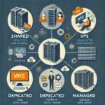 Un tableau comparatif des différents types pour choisir le bon hébergement (partagé, VPS, dédié, géré) mettant en évidence leurs caractéristiques clés telles que le coût, les performances et le contrôle.